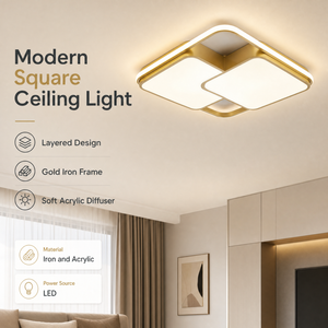 Lámpara de techo LED cuadrada moderna, de hierro dorado, superficie acrílica, montaje en superficie, regulable a distancia, tricolor, para sala de estar y dormitorio - Product Image 2
