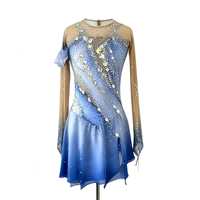 Robe de patinage artistique à manches longues dégradé bleu, dos ouvert, avec strass et sequins sur la jupe, pour enfants