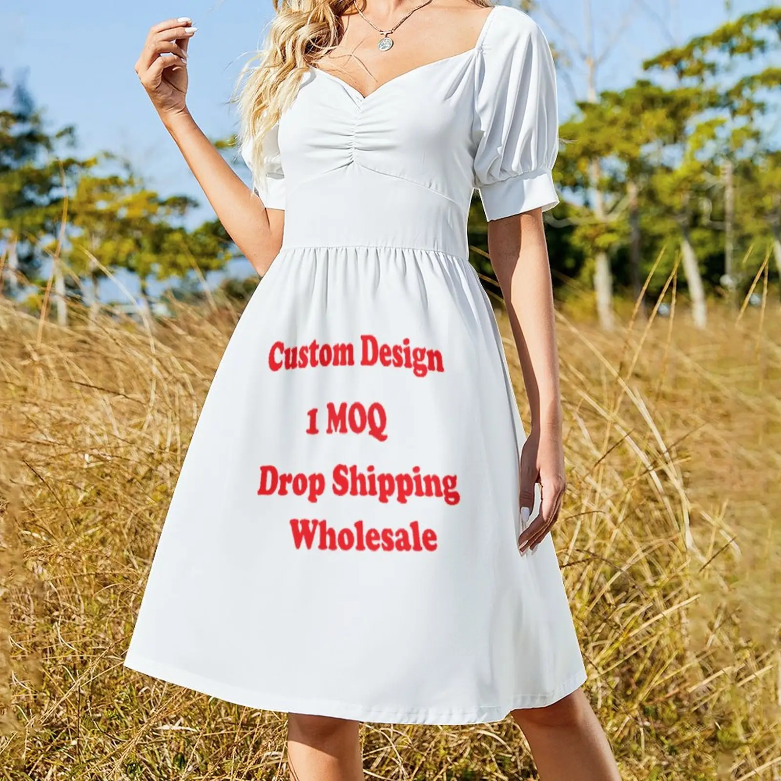 Gaun wanita ukuran Plus bercetak sesuai permintaan kustom desain manis musim panas anak perempuan lengan pendek empuk gaun kasual untuk piknik
