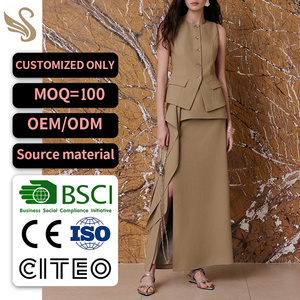 Ensemble pour femmes : Gilet boutonné à col rond avec jupe longue asymétrique - <span class=keywords><strong>Collection</strong></span> <span class=keywords><strong>de</strong></span> créateurs ODM - Product Image 3