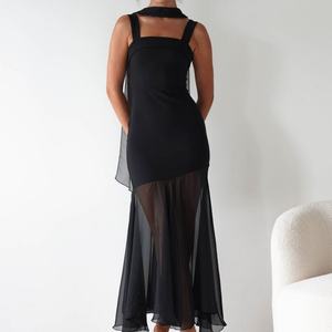 Robe de demoiselle d'honneur en mousseline de soie pour femme, avec écharpe, coupe trapèze, col carré, longue, pour soirée formelle - Product Image 1