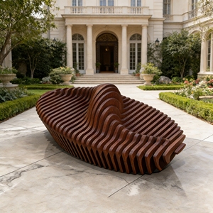 Y766 Precision Cut <b>Wooden</b> <b>Slice</b> Chair Wave Pattern Modern Indoor Lounge Bench for Residential Commercial Use Sculptural Chair - Product Image 2