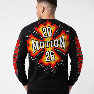 <b>Top</b> Quality <b>Long</b> <b>Sleeve</b> <b>Crop</b> <b>Top</b> Men's Street Style Printed Oversized <b>Black</b> T-Shirt With Flame Pattern Back Logo - Product Image 6
