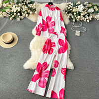 Ensemble chemise à manches longues à imprimé floral élégant et pantalon large à taille haute pour femmes, printemps-été