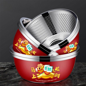 Escurridor redondo de acero inoxidable de doble capa con cesta de drenaje, de calidad alimentaria y engrosado, para lavar y escurrir verduras - Product Image 2