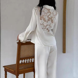 Pigiama da <span class=keywords><strong>Donna</strong></span> Primaverile di Alta Gamma in Seta Ghiaccio, Taglia XL, Pantaloni Lunghi con Pizzo sulla Schiena, Maniche Lunghe, Set Due Pezzi ODM all'Ingrosso per Casa - Product Image 1