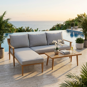 Ensemble <span class=keywords><strong>de</strong></span> canapés d'extérieur en <span class=keywords><strong>aluminium</strong></span> finition teck, mobilier <span class=keywords><strong>de</strong></span> <span class=keywords><strong>salon</strong></span> sectionnel moderne en forme <span class=keywords><strong>de</strong></span> L avec table basse pour villa et parc - Product Image 4