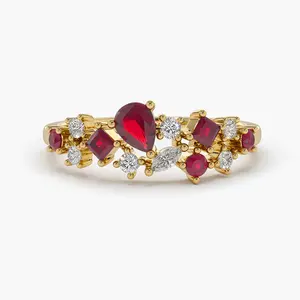 美丽的红色钻石永恒带镀金925纯银梨形钻石订婚戒指