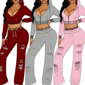 Conjunto de Dos Piezas para Mujer, Sudadera Larga con Capucha, Pantalones Deportivos con Doble Cinturón, Tejido Casual, Sólido, Transpirable, con Logotipo Personalizado, Otoño - Product Image 1