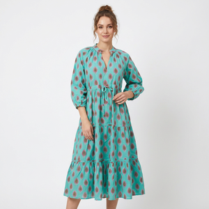 Robe midi légère en coton pour femme, style bohème, faite main, imprimé floral au bloc, fluide, décontractée, ample, naturelle, à manches longues, pour le quotidien, séchage rapide - Product Image 1