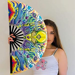 Luxury <b>Large</b> Custom Printed UV Bamboo Hand <b>Fan</b> Eco-Friendly Angel Style with Carved Technique Big Fluorescence Effect - Product Image 4