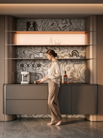 Buffet italien sur mesure, armoire arrondie, étagères métalliques, armoire à vin en verre, panneau en bois de palissandre