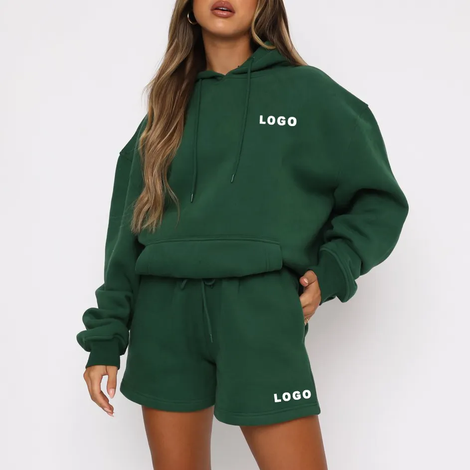 Custom Logo Printed Low Price 2 Pieces Hoodie Shorts Set Women Oversize Sporty Hoodie Set Women Clothing