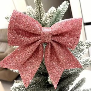Nœud de Noël en polyester rose pailleté or rose, fait main, avec ruban métallique scintillant, pour sommet d'arbre, couronne, guirlande et ornements - Product Image 4