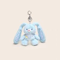 Porte-clés Pendentif Sac Anti-stress Drôle en Peluche Lapin Mignon à Oreilles Mobiles à Carreaux Bleus et Blancs
