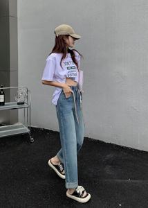 Denim Pantalons décontractés pour femmes Denim Jeans Craft Style Fly Fabric Zipper Waist Custom Denim Repassé Drill Button Leather OEM Spandex - Product Image 4