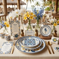 Service d'assiettes en céramique motif perroquet tropical et ananas, bleu et jaune, peintes à la main, en porcelaine, pour mariage, hôtel, restaurant