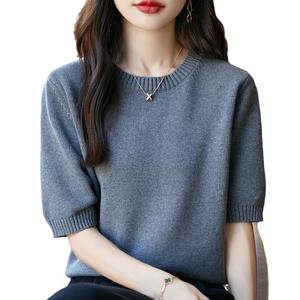 Camiseta de punto de manga corta para mujer, cuello redondo, holgada, talla grande, doble elasticidad, gruesa, antipilling, color liso, para uso diario - Product Image 3