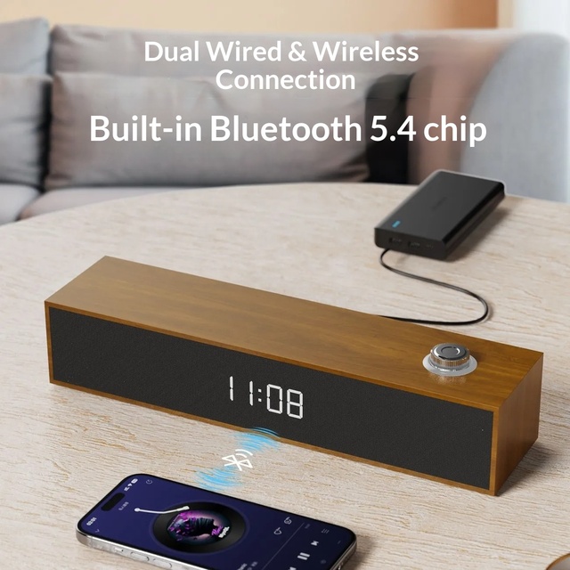 Q-E3608 Wooden Bluetooth Soundbar with Subwoofer and Clock Display  USB Powered 2.1 Stereo Speaker for PC, Laptop and Office