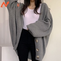 Nouvelle collection Printemps 2024 : Cardigan long en maille style coréen, col en V, grande taille, manches lanternes, coupe ample, imprimé tendance pour femme