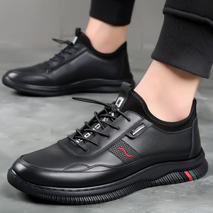 Men's Casual Leather Shoes Round Toe Lace Up Breathable Mesh Lining <b>Rubber</b> Sole British Style Black Solid Color <b>Strip</b> Decoration - Product Image 3