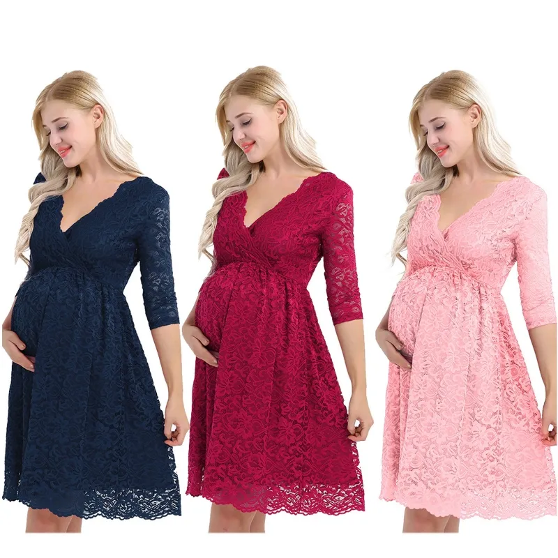 Womens Maternity Elegant Floral Lace Overlay V Neck Half Sleeve Knee Length Pregnant Photography Dress