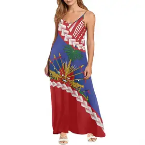 Women's Plus Plus Size Casual Dress Unique Design Haiti Flag Evening Gown Dresses Elegant Sexy Sling Style Ladies Sleeveless Sun