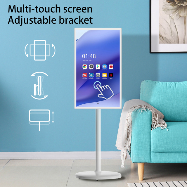 Portable Touch Screen Smart TV 32 Inch on Wheels Adjustable Stand Rechargeable Mini TV