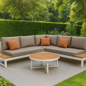 Ensemble de meubles de jardin de luxe moderne, cadre en aluminium blanc thermolaqué, canapé d'angle avec accents en bois de teck et éléments ronds - Product Image 1