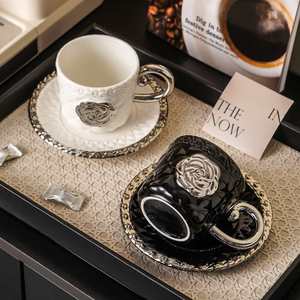 French-Embossed High-End Ceramic Espresso <b>Cup</b> <b>Saucer</b> Classic Design Style Luxury Camellia Electroplated High Quality Coffee Mug - Product Image 4