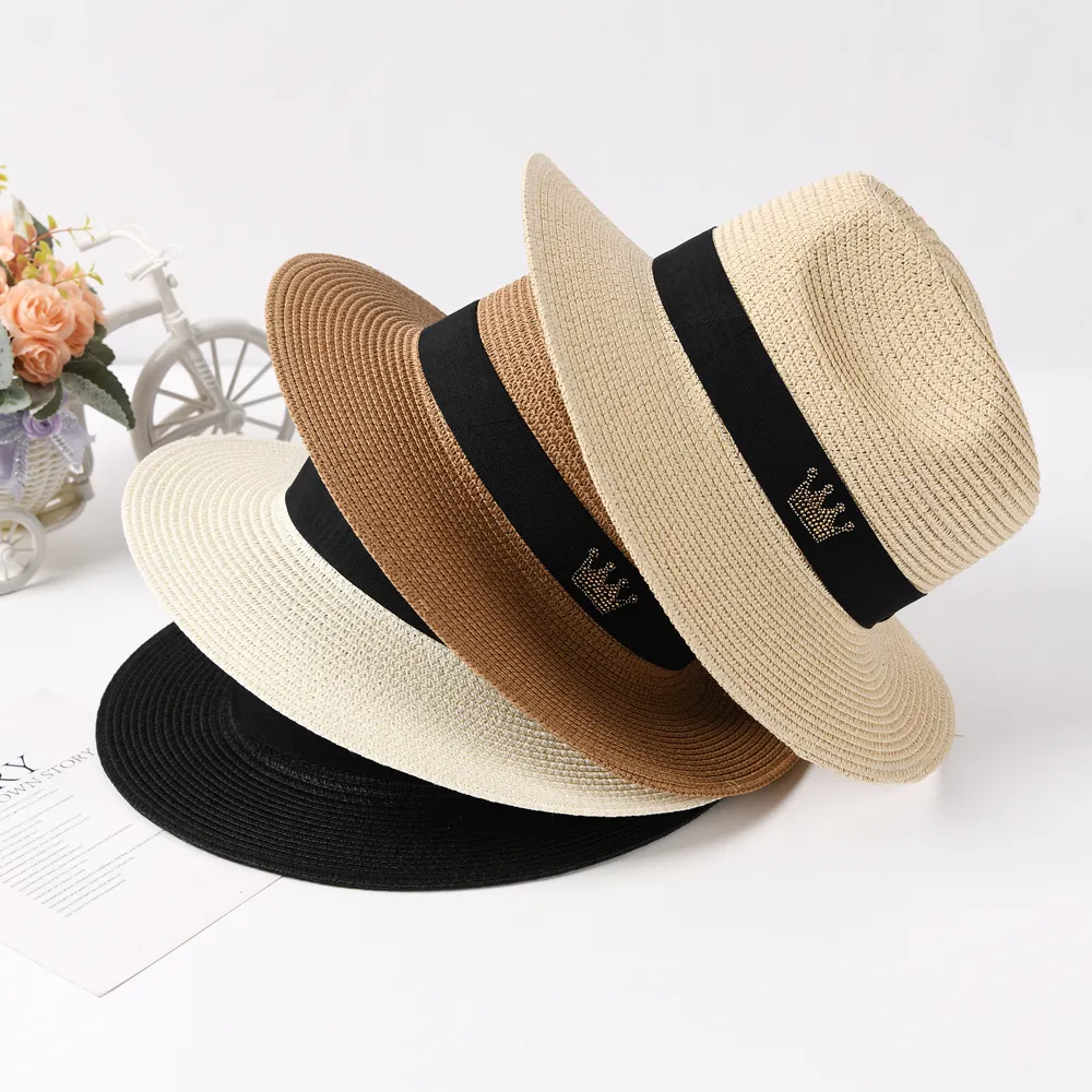 Wholesale Custom Logo Summer Panama Fedora Straw Hat Wide Brim Roll up Beach Sun Straw Hat Women and Men