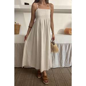 Robe en lin beige plissée à bretelles, sur mesure du XS au 6XL, élégante et discrète pour le bureau, les soirées, les tenues décontractées de tous les jours, avec volants. - Product Image 2