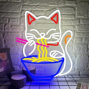 Letrero LED de Neón con Diseño de Gato de la Suerte para Ramen, Letrero Luminoso para Entrada de Restaurante o Tienda de Fideos, Luz Ambiental Colgante de 5V - Product Image 5