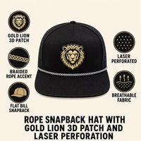Casquette Snapback OEM ODM avec Patch Lion Doré 3D, Visière Plate, Perforations Laser, Casquette Trucker Noire, Couleur Personnalisée, MOQ, BSCI, Barudan, Expédition DDP