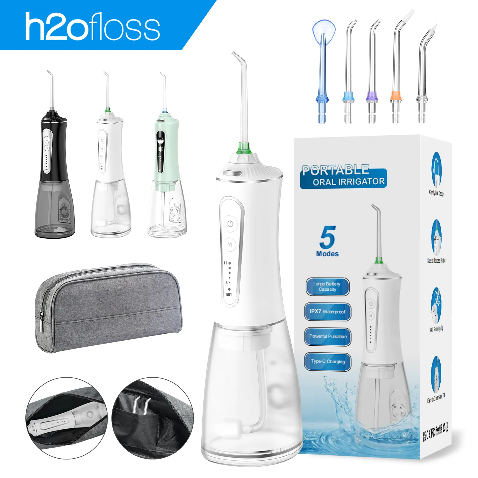 h2ofloss 2023 2000mAh Portable Water Flosser Electric Oral Irrigator IPX7 Oral Irrigator Water Pick Type-C Tooth Cleaner