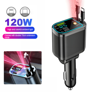 Cargador de Coche Retráctil 5 en 1 con Cable USB Tipo C PD para iPhone y Samsung, Cable de Carga Rápida, Adaptador para Encendedor de Cigarrillos - Product Image 1