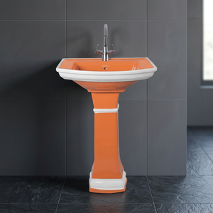 Lavabo Cuadrado Tradicional de Cerámica Blanca con Pedestal Completo y Diseño Dorado Impreso, Juego de Lavabo para Baño - Product Image 3
