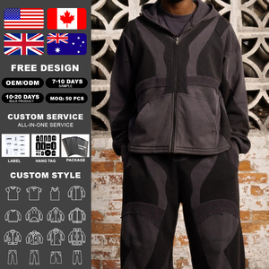 Conjunto de Sudadera con Capucha y Pantalones KingSen de Invierno, 100% Algodón Transpirable, Lavado Ácido, con Cremallera, Estilo Patchwork, para Hombre, Ropa Urbana - Product Image 2