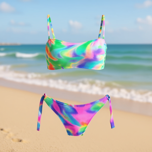 Conjunto de bikini HDJ con estampado Tie Dye, top multicolor con tiras y lazo lateral, traje de baño, ropa de playa - Product Image 3