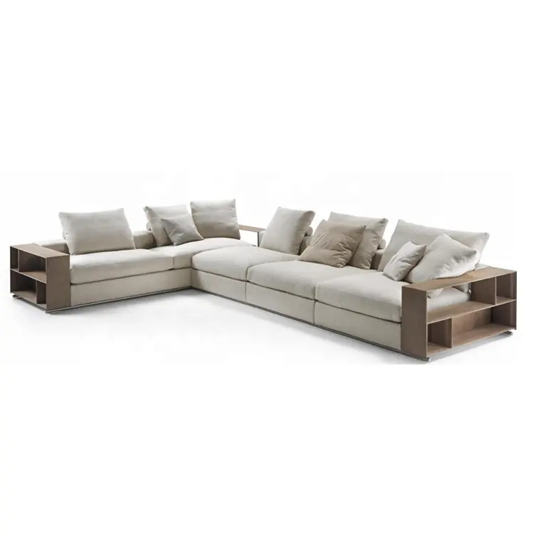 Sofá reclinable de tela en forma de L para sala de estar, muebles con brazos de madera, diseño Simple