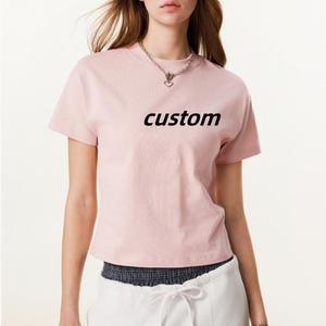 Kaos Crop Top Wanita 255gsm Katun Long-staple Sablon Grafis Musim Panas Logo Kustom Seksi Model Pendek Terbaru - Product Image 1