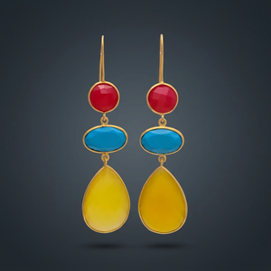 Boucles d'oreilles pendantes en laiton faites à la main avec pierres précieuses et placage or, style ethnique, pierre turquoise - Idéales pour les fêtes et les mariages - Product Image 3