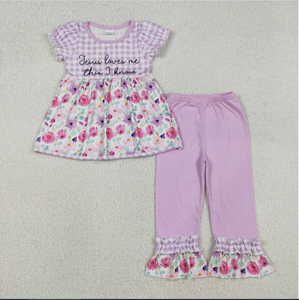 Conjunto de ropa de Pascua para niñas GSPO2129, túnica con estampado de flores y pantalones rosas, con la frase 'Jesus Loves Me This I Know' - Product Image 4