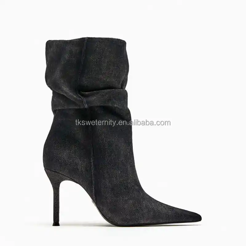 High Quality Denim Design Pointed Toe Winter Pumps Luxury Mid Calf Knee Boots Sexy Knight Boots Stiletto Western Cowboy Boots