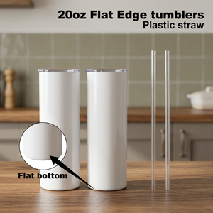 USA Stock 20oz Stainless Steel Vacuum Insulated Flat Tumbler with Plastic Straw Minimalist Design - Product Image 3