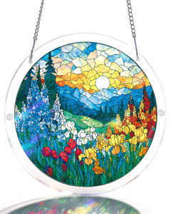 Rompecabezas de acrílico DIY de vitral floral con paisaje de floración al amanecer y mar, atrapasueños para ventana, adorno colgante. - Product Image 1