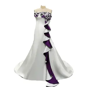 Mumuleo Vintage White and Purple Stain Crepe Wedding Dresses Strapless Handmade Flower Pleated Embroidery Gothic Bridal Gown