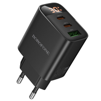 Adaptador de Carga Rápida Inteligente de 30W con Pantalla Digital, Tres Puertos Tipo-C+QC3.0/PD3.0, 2USB-C+1USB-A, OTP 5V/1A, Estilo Europeo, Totalmente Compatible