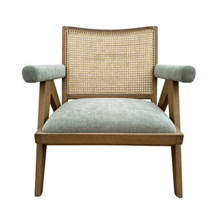 Natural Rattan Back Armchair Solid <b>Oak</b> <b>Frame</b> Linen Fabric Midcentury Modern Eco-Friendly Handmade Living Room Chair - Product Image 1