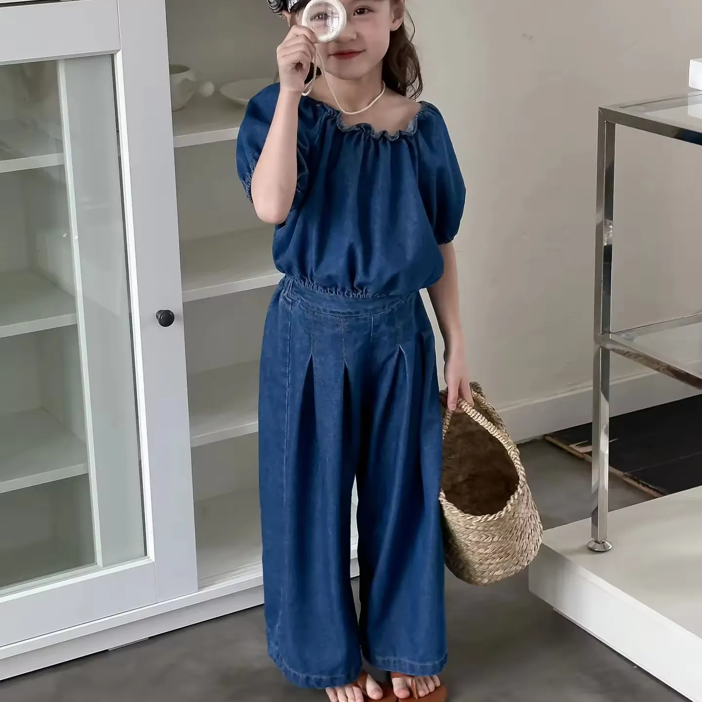 2024 koreanisches design säugling kleinkind baby mädchen denim-shirt mit langen höschen kind kinder puffärmel jeans 2-teilig kleidungssets 603X